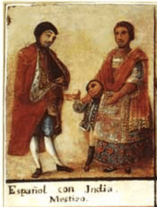 A historical painting labeled "espanol con India mestiza"